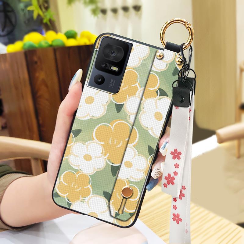 Lanyard Anti-knock Phone Case For TCL 40SE/T610K Dirt-resistant Flower Silicone Protective Ring Oil Painting Shockproof
