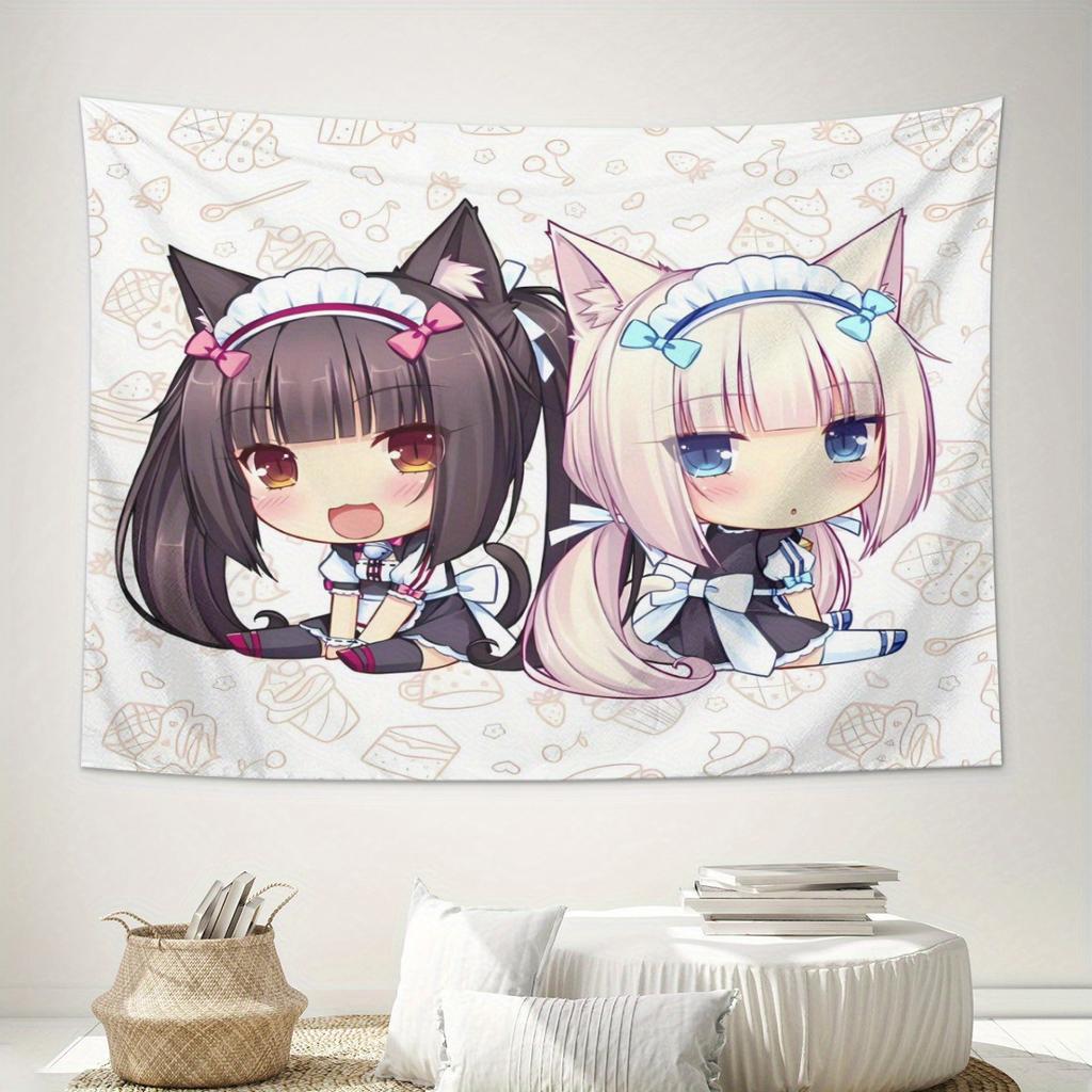 Aesthetic Wall Tapestry Cute Anime Maid Cat Ears Design Horizontal Modern Living Room Decor