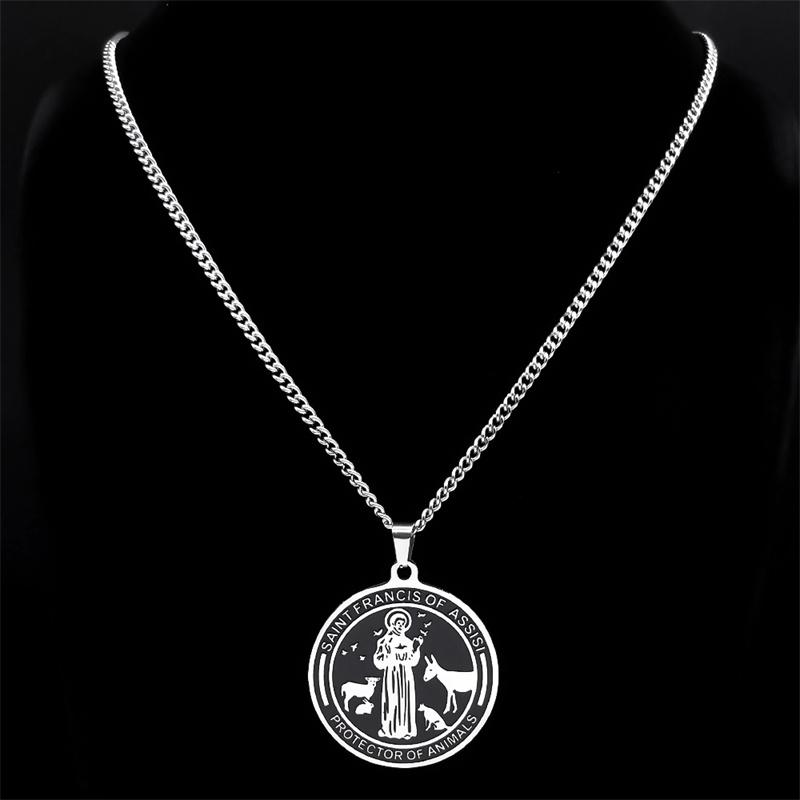 Colliers Médailles Saint François d'Assise pour Femmes Hommes Acier Inoxydable Couleur Argent Protecteur des Animaux Collier Bijoux N7569