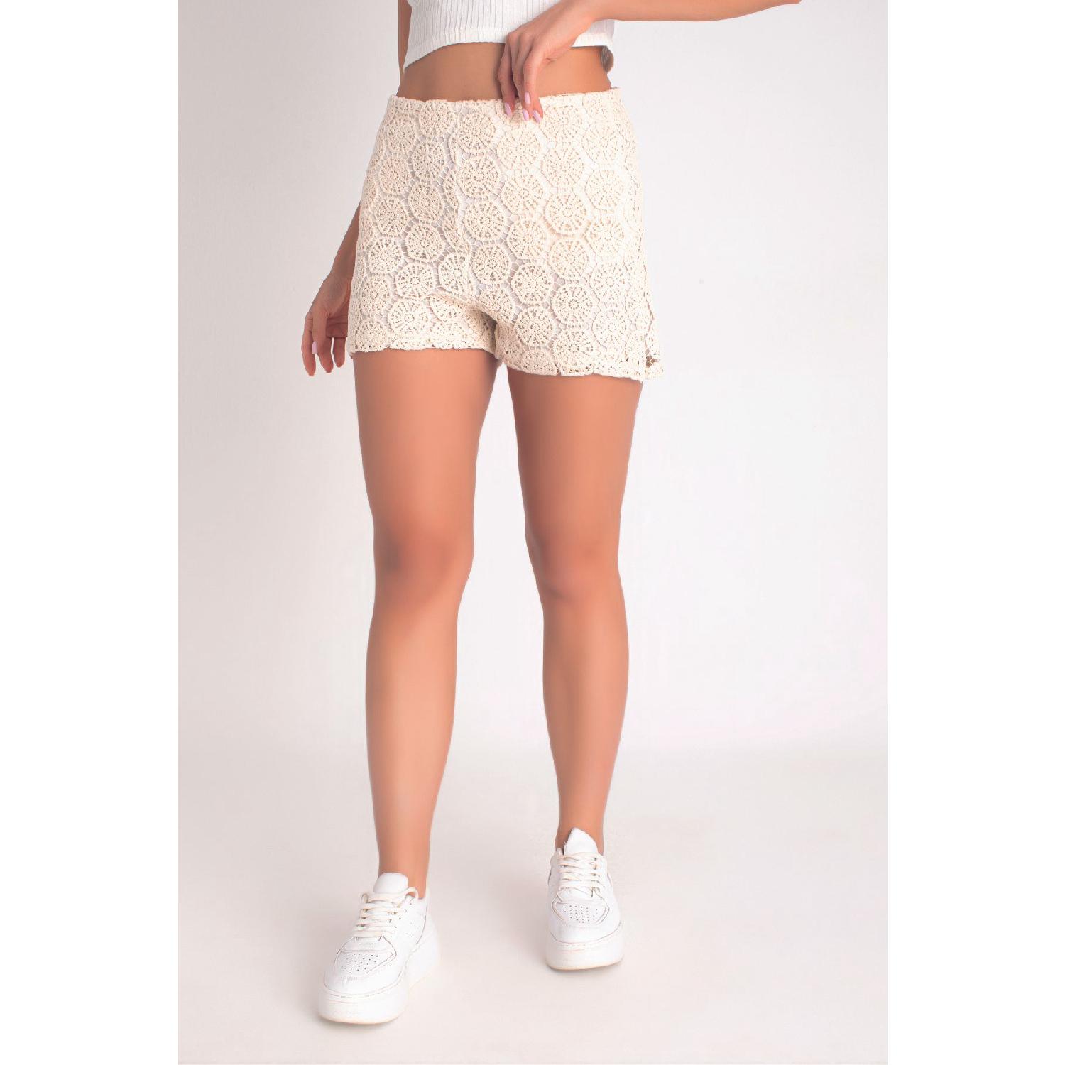 

Cotton Side Pocket Lined Special Braid Detailed Croche Knitwear Shorts XS екрю