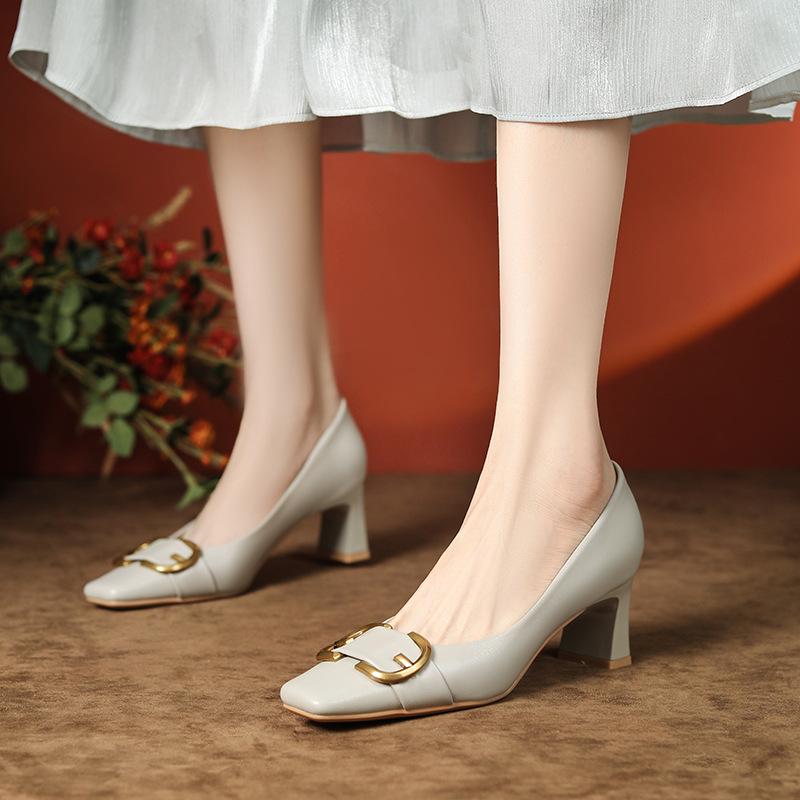 Sheepskin Square Head Thick Heel Temperament High Heels Women's Fashion Exquisite Celebrity Commuting Single Shoes Spring and Autumn