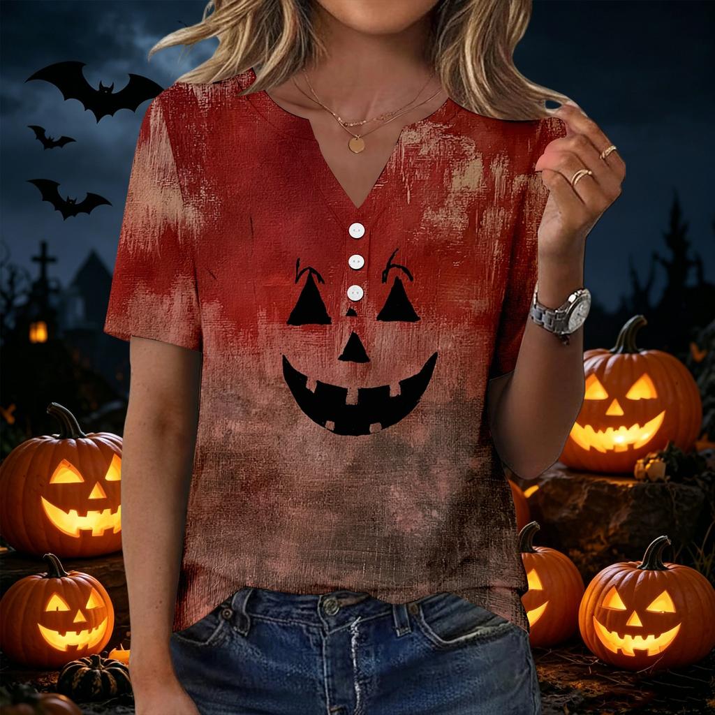 Women Casual Halloween Print V Neck Short Sleeve Button T Shirt Lightweight Soft Fabric Relaxed Fit Top for Everyday Wear