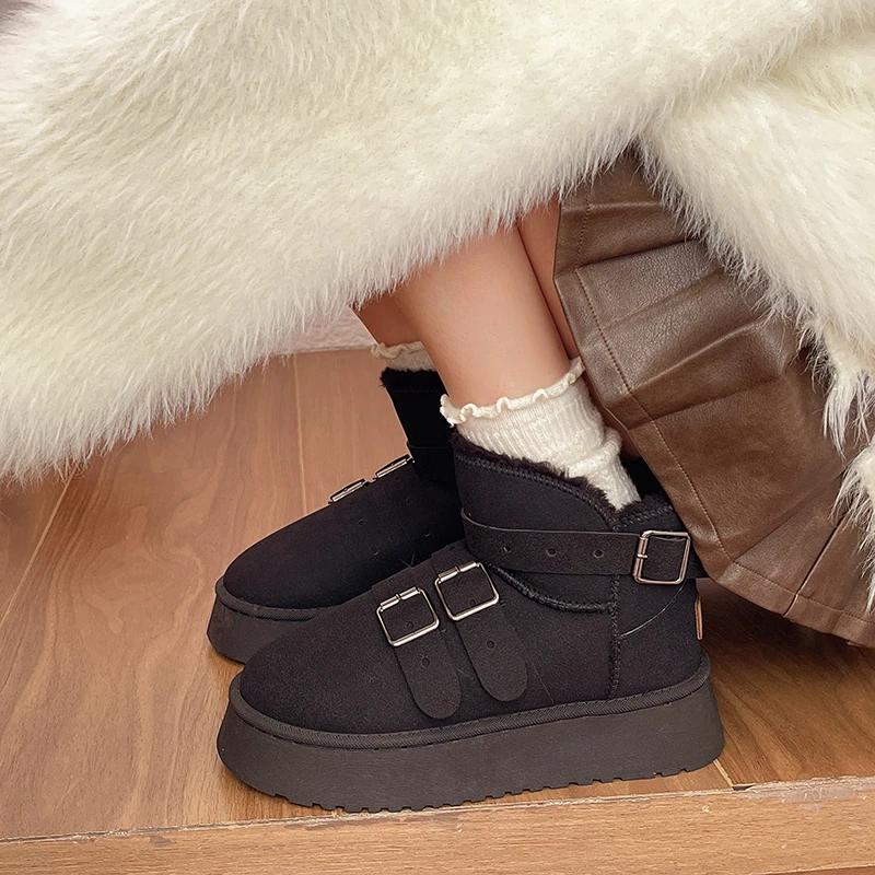Fashion Fashion Suede Women Ankle Snow Boots Winter Pearl Belt Buckle Designer Short Plush Warm 2025 Trend Cozy Women Shoes Botas Mujer