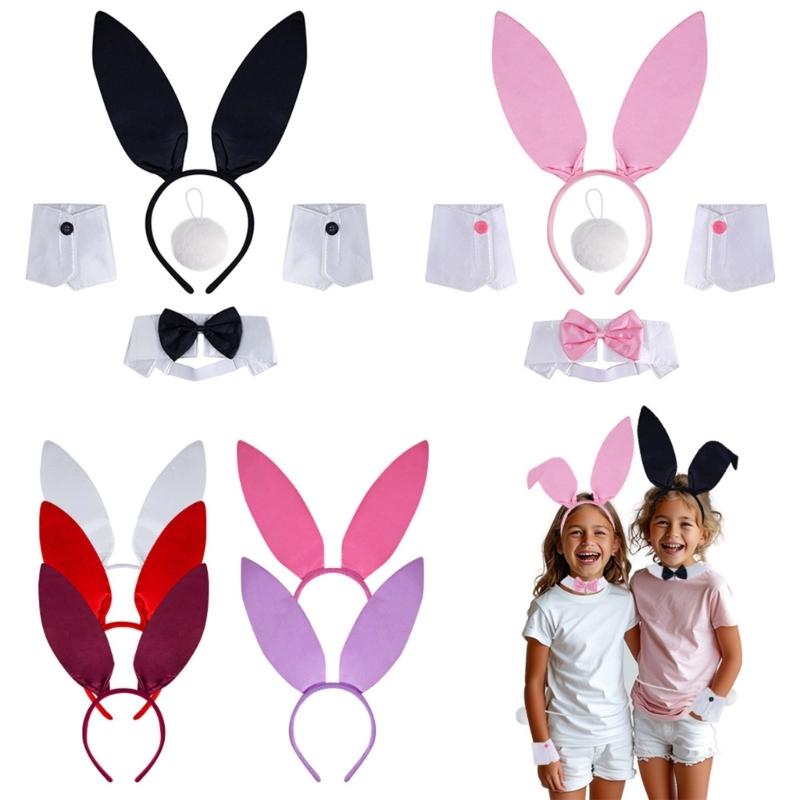 1/4Pcs Women's Bunnies Costume Accessories Set Rabbit Ears Headband Bowtie Collar Cuffs Rabbit Tail for Easter Party