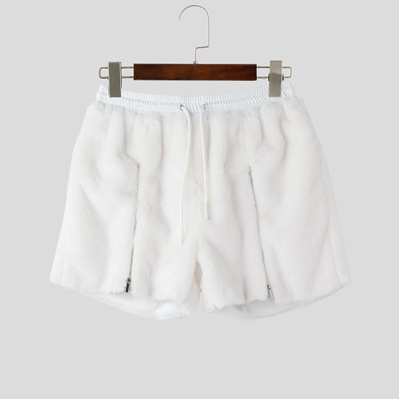 INCERUN Men Drawstring Elastic Waist Zip-up Hem Furry Mini Shorts Pants