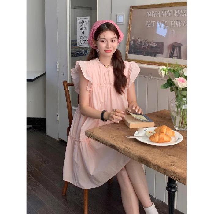 

French flying sleeves, sweet temperament and thin women s summer new Internet celebrity round neck age-reducing short dress S розовый