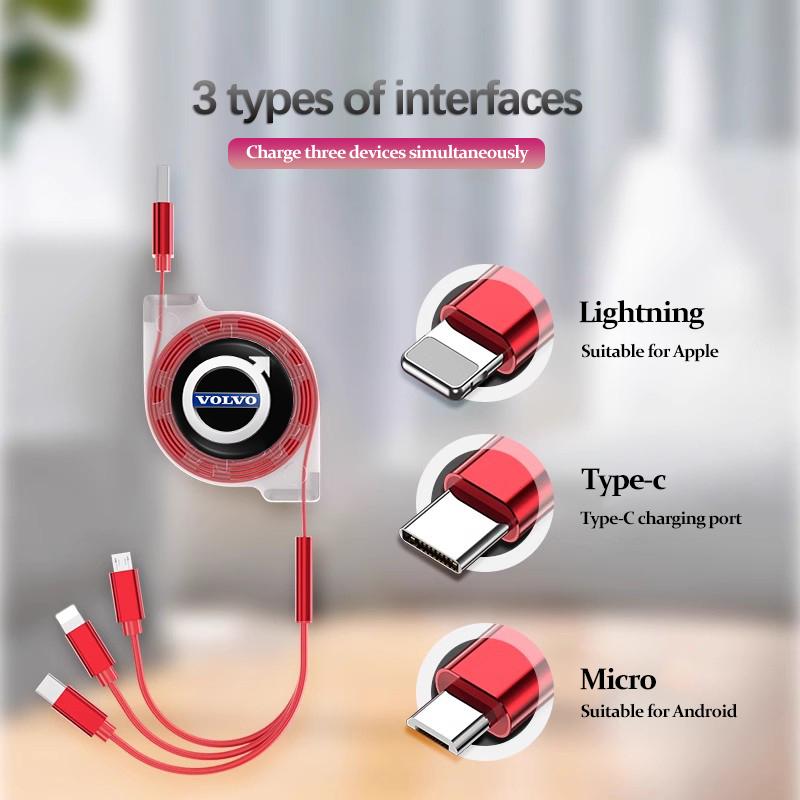 3-in-1 Micro Data Wire USB Type C Fast Charger For Volvo XC90 V90 V60 XC60 V40 EC40 EX40 S80 S60 S90 C40 XC40 V70 XC70 C30 C70