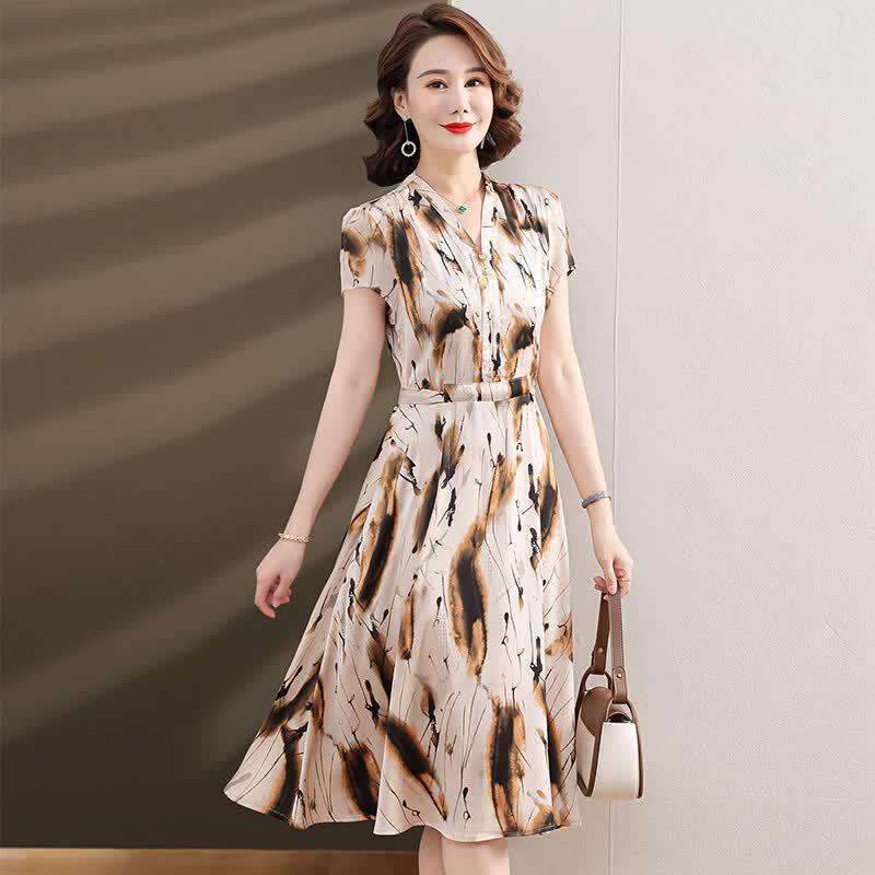 Elegant V-Neck Ink Print Midi Dress 2XL