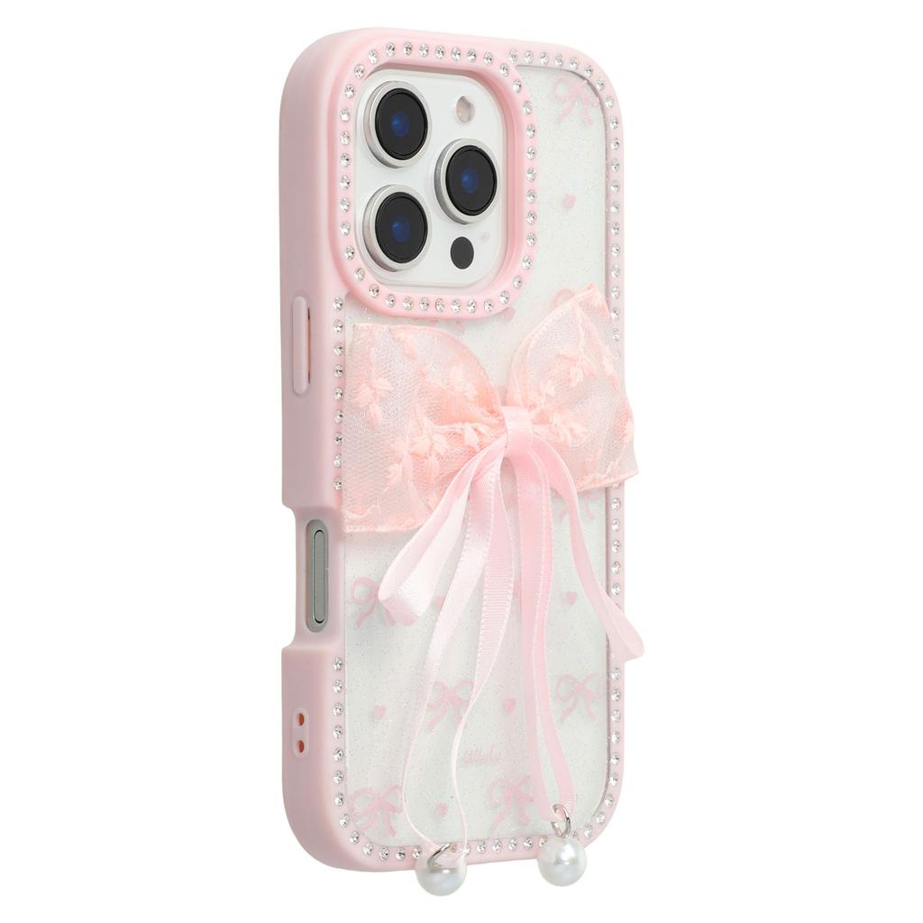 For iPhone 16 Pro Max Case Two Bow Epoxy Design TPU+PC Phone Back Cover Rhinestone Decor