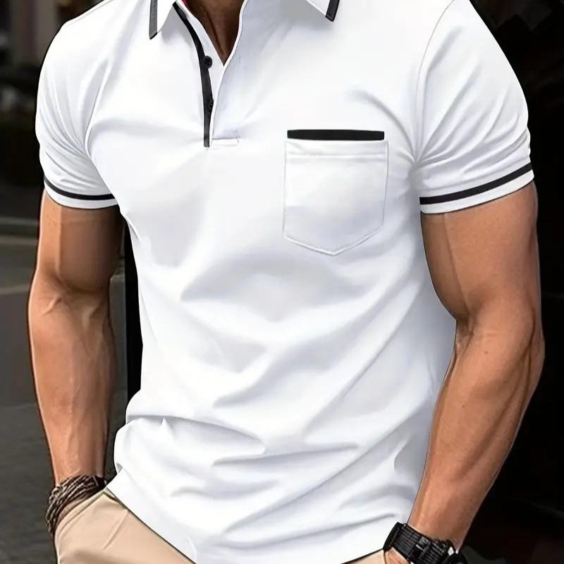 Men Casual Color Block Pocket Lapel Short Sleeve Polo Shirt
