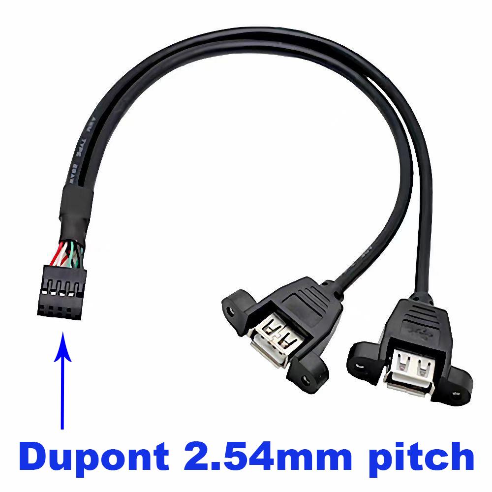 9PIN to USB Cable 9Pin 2.54mm 2.0mm to Dual USB2.0 A Female Plug Converter with Screw Hole Lock Panel for Motherboard Mount Cord