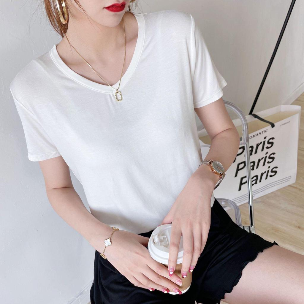 Women's Short-Sleeve Modal V-Neck White Ice Silk Loose T-Shirt