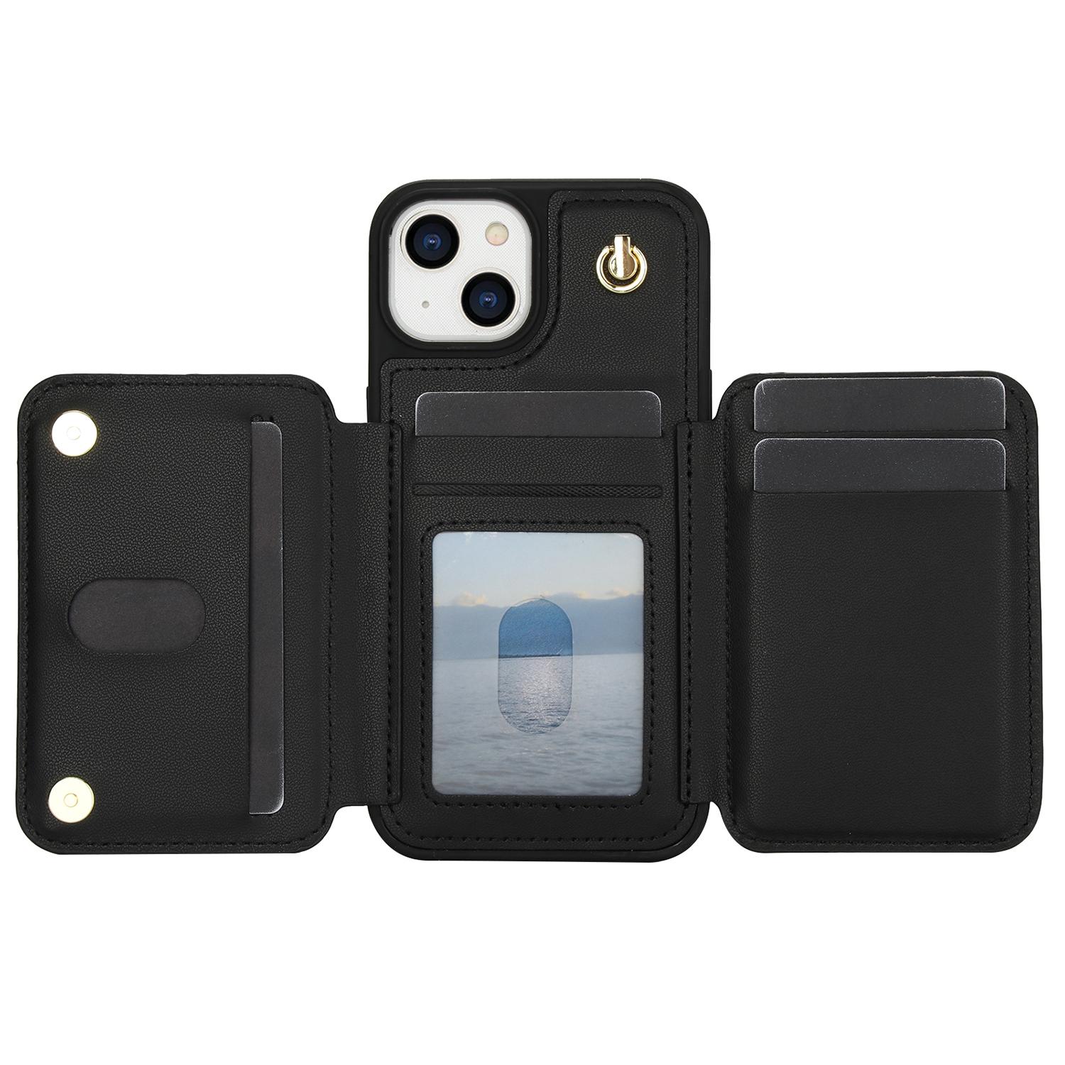 

For iPhone 13 Case Zipper Pocket Kickstand Leather+TPU Phone Cover with 2 Straps Black