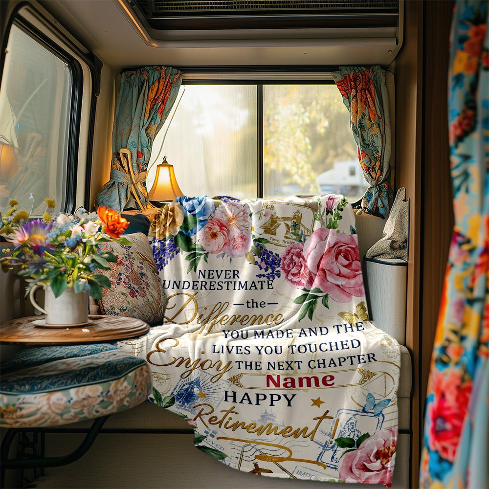Retirement Celebration Floral Theme Blanket Personalized Name Soft Comfortable Stylish Blanket Car Blanket Perfect For Travel Camping Outdoor Home