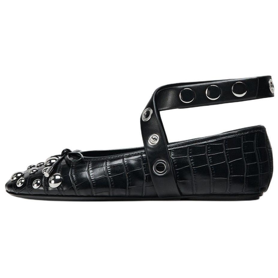 Zara Crocodile Embossed Studded Ankle Strap Ballet Flats Black Women 13578410-38 35