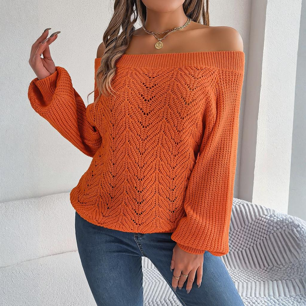 Women's Casual Fashion Solid Color Hollow Neck Off-shoulder Long-sleeved Sweater