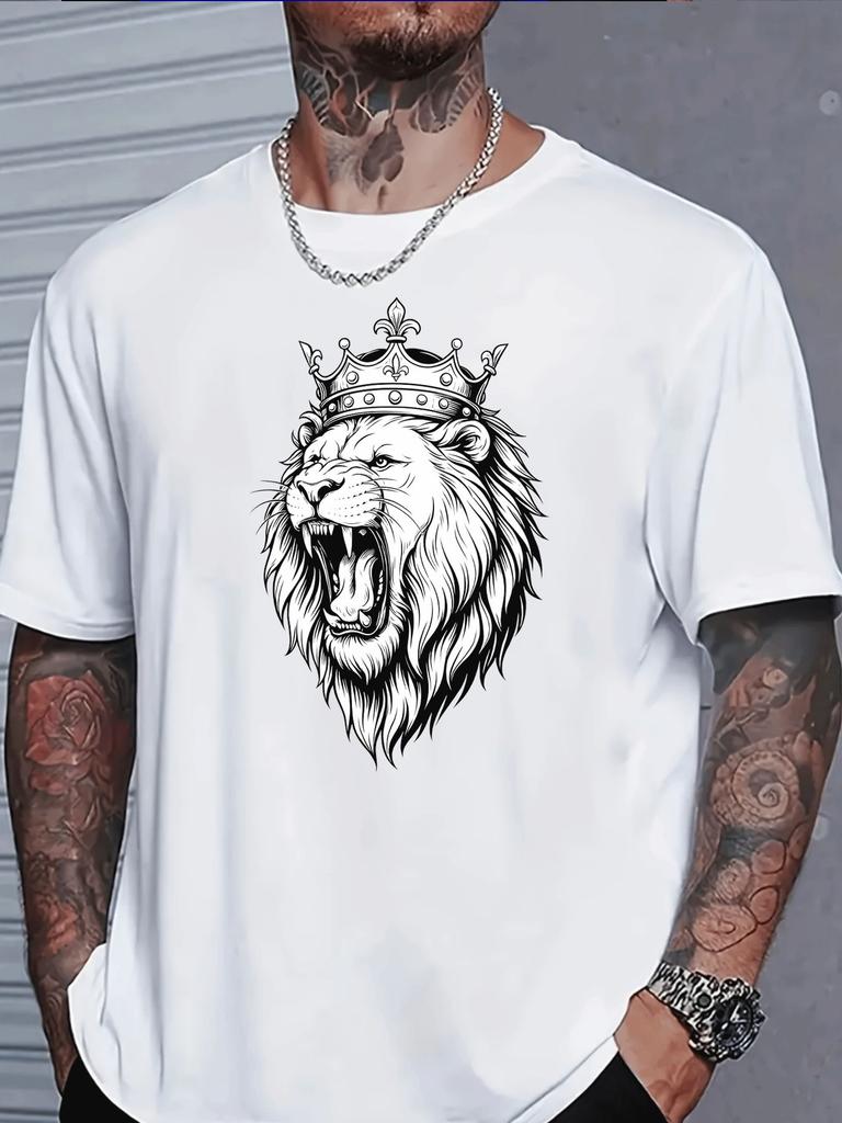 Unisexs Summer Tee Crown Lion King Sketch Print Short Sleeve Soft Street Top for Trendy Powerful Male Daily Fashion Wear Tops