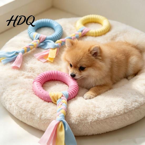 Physical Exercise Toys for Dogs Dog Tug-of-War Toy Rubber Ring with Braided Cloth Strips Interactive Teeth Cleaning Chew Toy Small to Medium