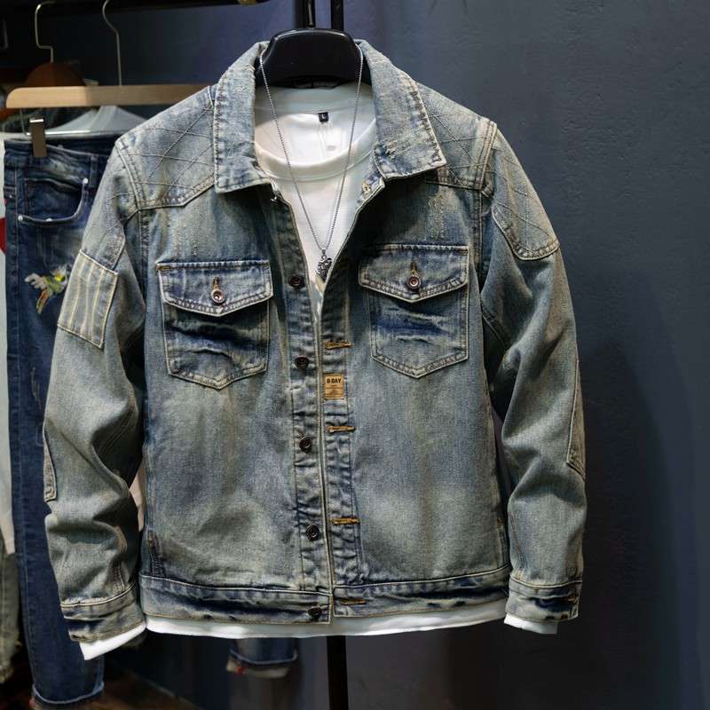 Lapel Motorcycle Denim Jacket Men's Personality Retro Slim Fashion American Casual Denim Top