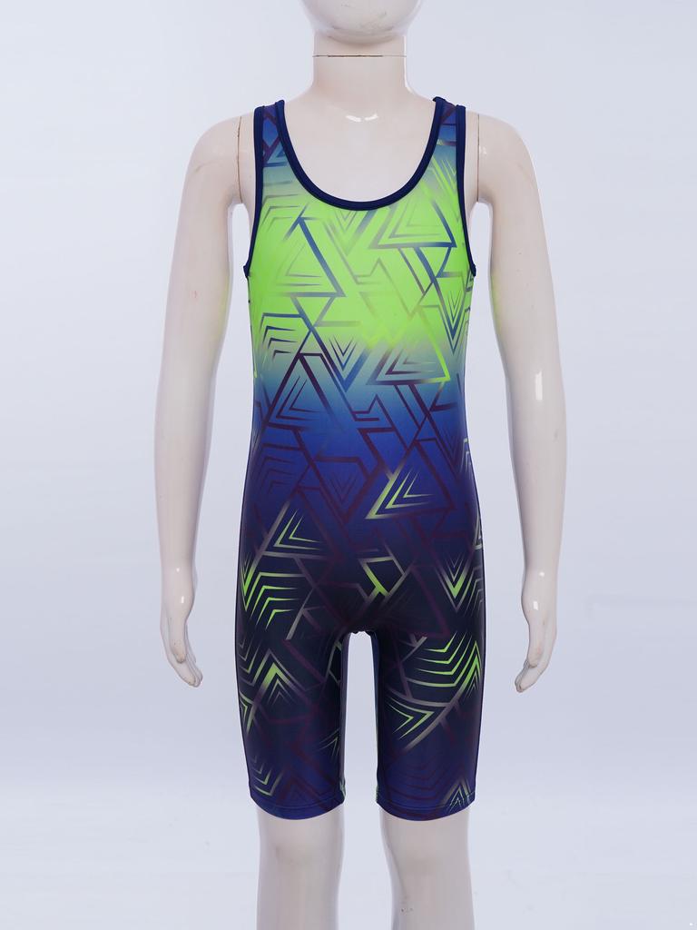 Boys Cycling Workout Bodysuit: U Neck Sleeveless Geometric Print Singlet for Wrestling Exercise Training