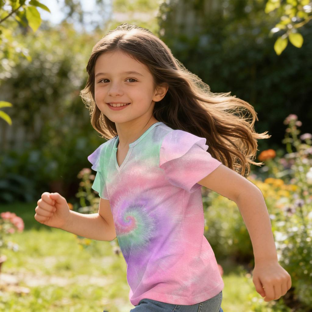 Girls V Neck Ruffle Sleeve Tie Dye Print Short Sleeve T Shirt Casual Top for Kids Summer Wear Soft Fabric Comfortable Fit