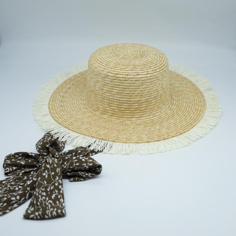 

Foreign Trade Export Korea Floral Lace-Up White Beard Edge Fine Straw Flat Top Top Top Hat Women S Summer Sunshade Holiday Straw Hat M（56-58cm）