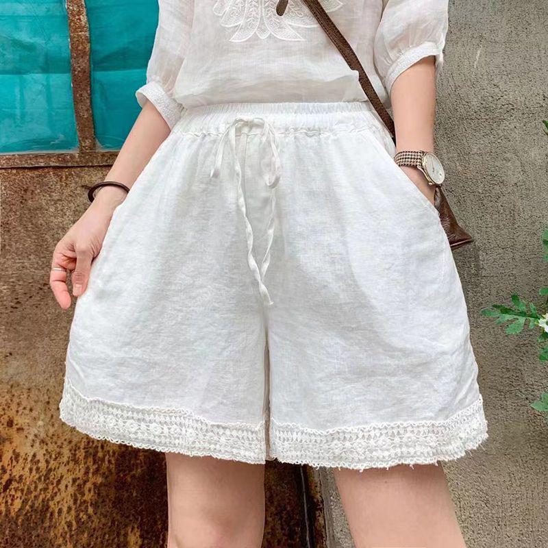 Women s Retro Embroidered Cotton & Linen Wide-Leg Shorts - Elastic Waist, Lace-up, Mid-length XL (110-125 Jin)