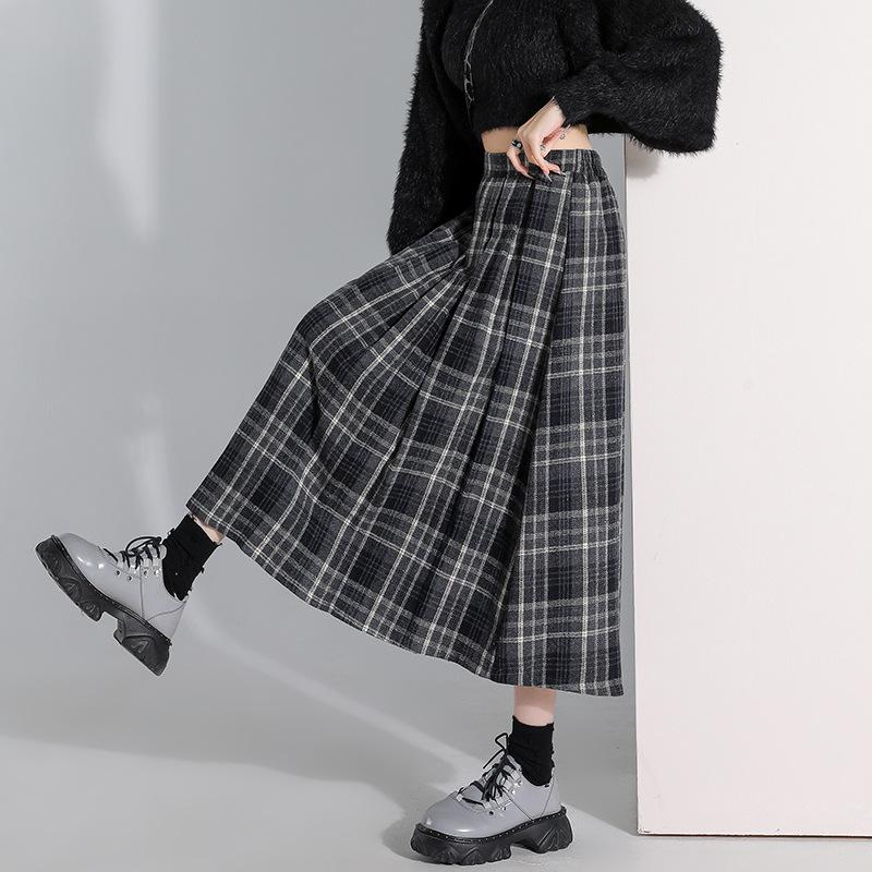 Plaid Woolen Pleated Skirt Women's 2026 Autumn and Winter Retro Elastic Waist Skirt Medium and Long A-shaped Umbrella Skirt