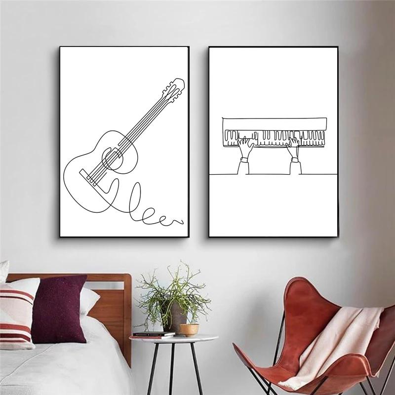 Modern Minimalist Line Musical Instrument Piano Guitar Drum Kit Note Music Poster Nordic Living Room Bedroom Wall Art Home Decor