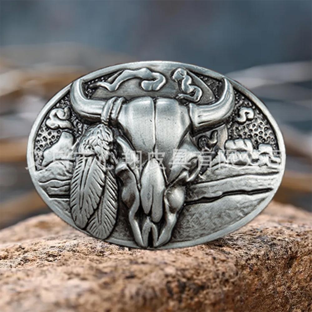 Retro Cross Half-Oval Leaf Bull Head Unisex Belt Buckle, Zinc Alloy & PU Embossed Design