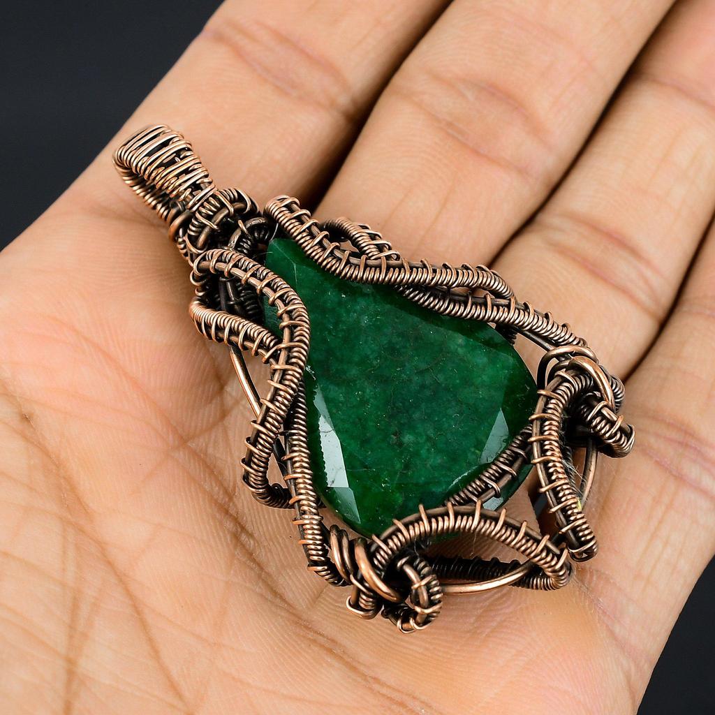 Emerald Pendant, 999 Copper Wire Wrapped Pendant Gemstone Jewelry, Handmade Pendant Amazing Jewelry, Gift For Her
