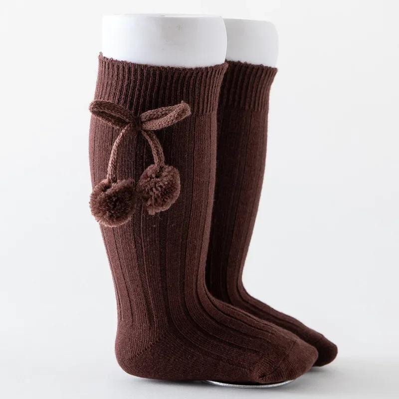 Autumn Winter Kawaii Baby Stockings Cotton British Princess Knee High Long Bow Pom Tube Socks for Girls Knitted Sock Warmer 0-4y
