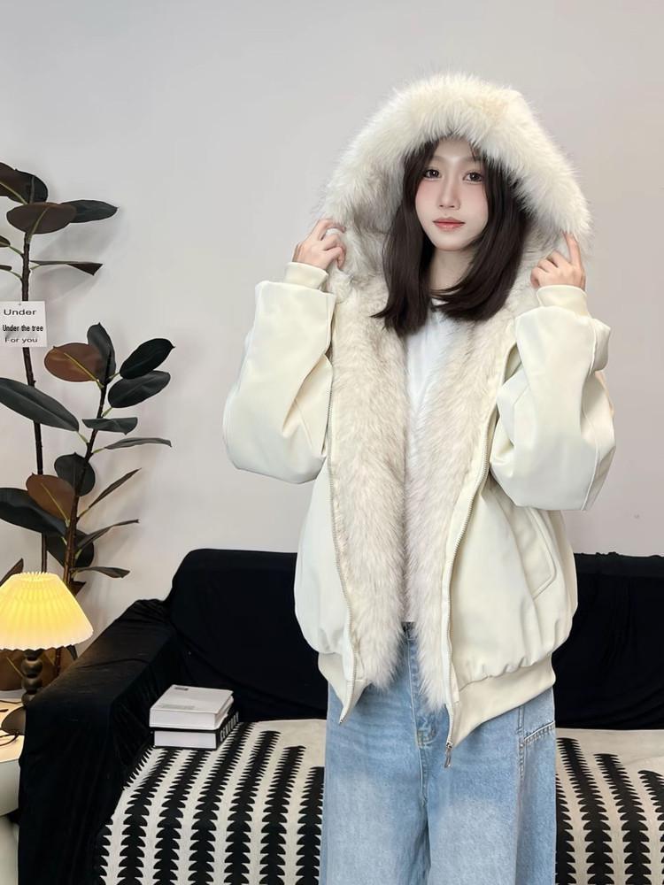 Winter Marble Base Mountain Hooded PU Leather Jacket with Faux Mink Fur for Men & Women - Warm Cotton Couple Jacket