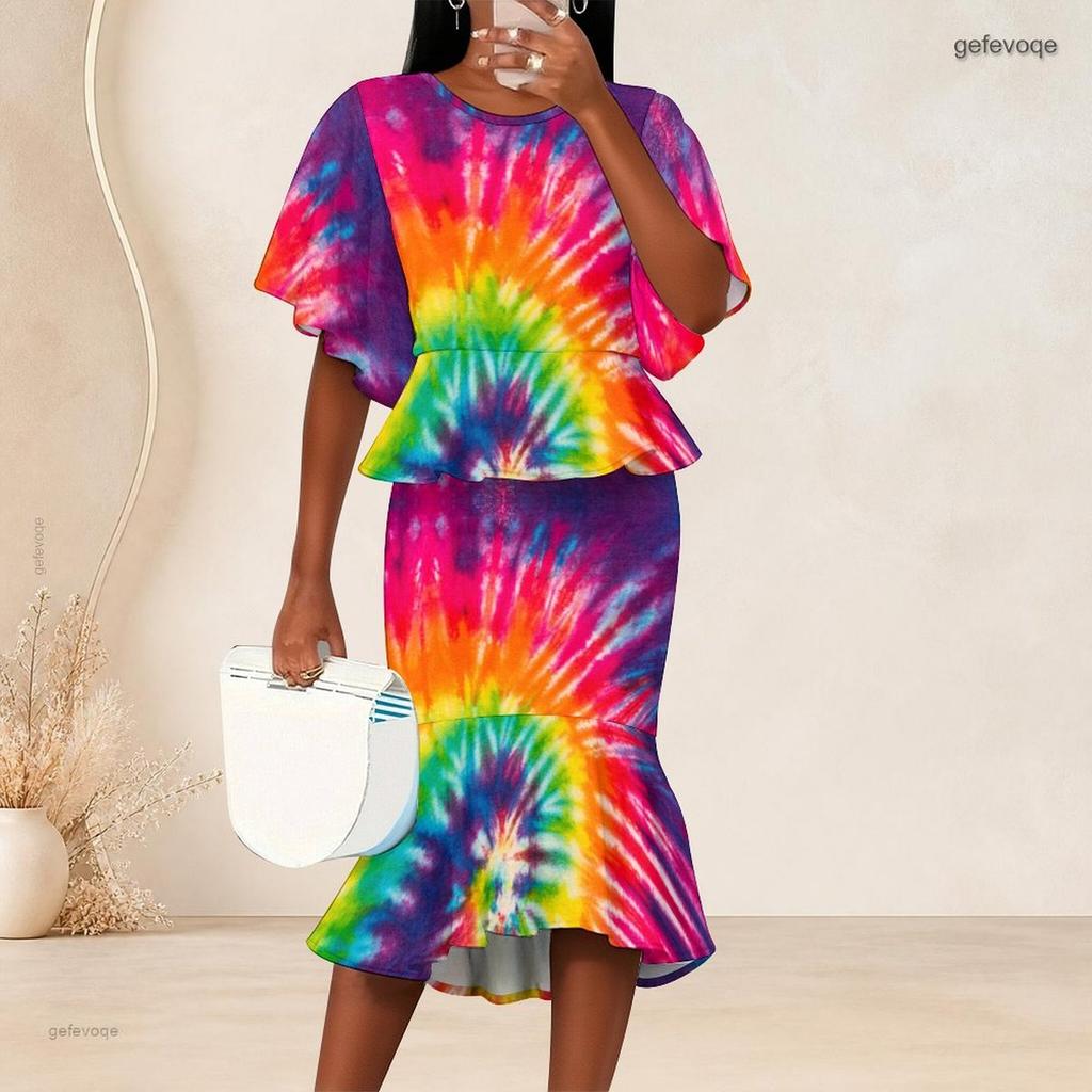 Women Plus Size Two Piece Skirt Set Round Neck Batwing Sleeve Printed Green Black Ruffle Hem Top Fishtail Skirt