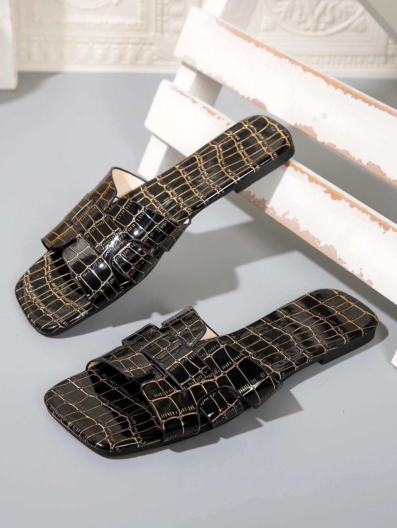 

Fashion 2025 New Fashion Women s Summer Shoes Crocodile Pattern Solid Flat with Sandals Luxury Non-slip Rubber Slippers 36 чёрный