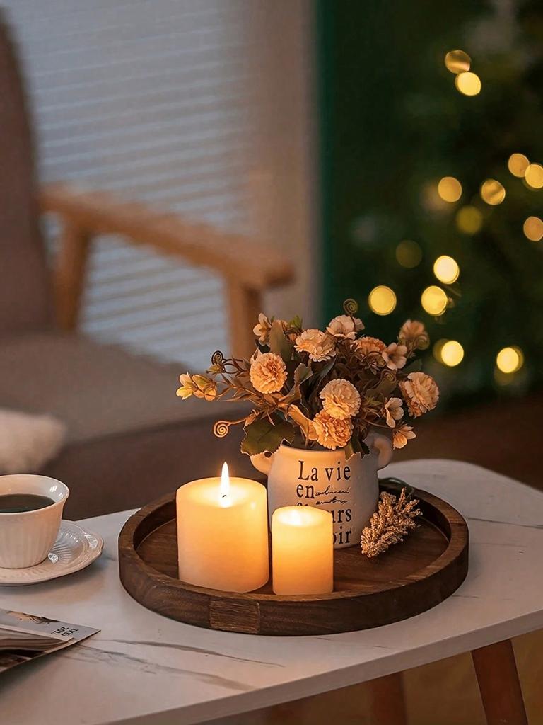 1pc Round Rustic Wooden Candle Tray, Vintage Wooden Candle Holder Stand, Farmhouse Style Pillar Candle Dish For Living Room, Coffee Table