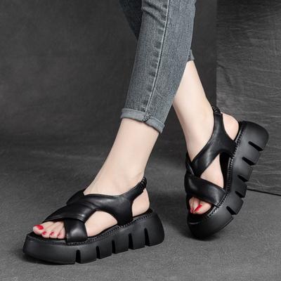 Sommer Retro Dickbesohlte Atmungsaktive Romand Sandalen Echtes Leder Peep Toe Bequeme Damen Plateauschuhe