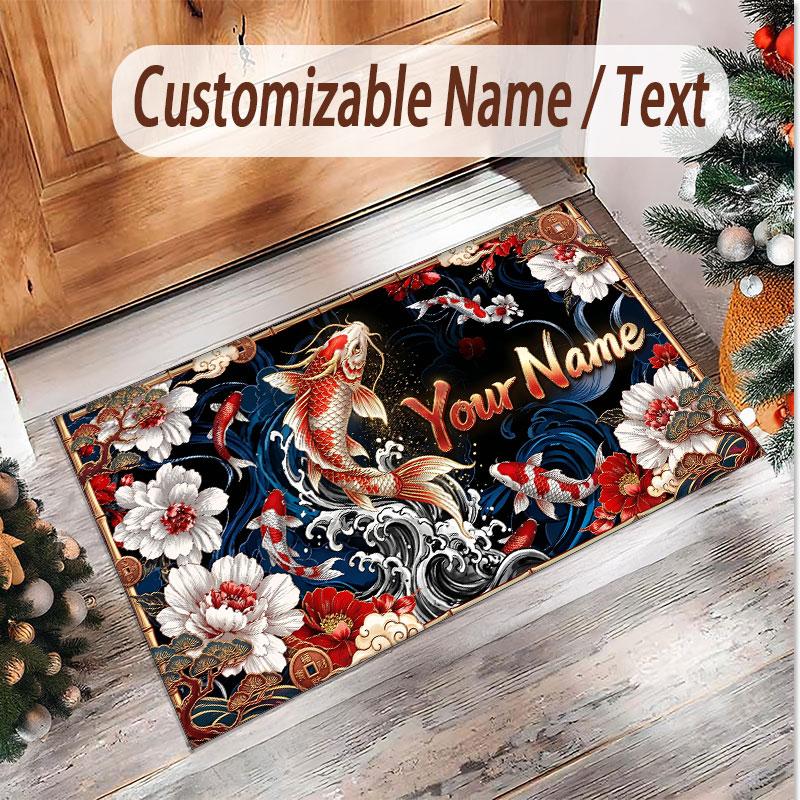 Koi Fish Theme Soft Crystal Velvet Rug Custom Name & Text Print Non Slip Floor Rug for Bedroom Living Room