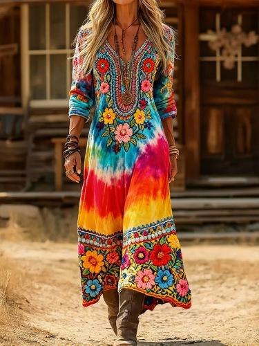 New women's long-sleeved digital printing round neck casual medium and long dress
