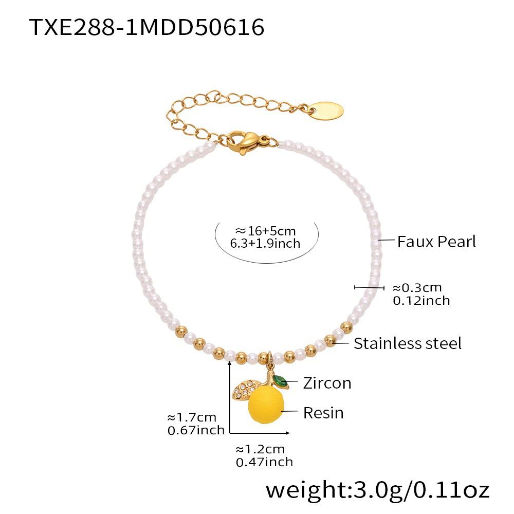 

Distinctive Resin Lemon Imitation Pearl Chain Pendant Bracelets For Women, Stainless Steel Bracelet, Women S Daily Jewelry.