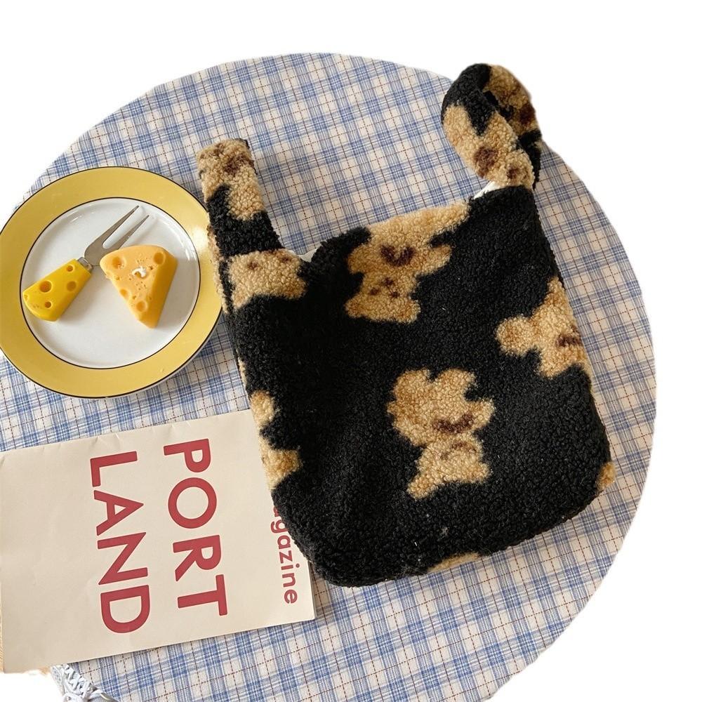 Black Plush Teddy Bear Tote Bag Adorable Soft Lambswool Casual Student Handbag