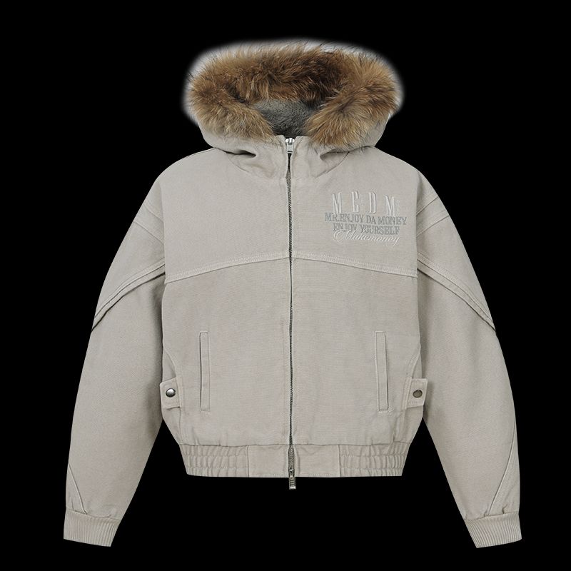 

Medm Detachable Real Raccoon Fur Collar Cotton Jacket Winter Thick Plush Hooded Coat Unisex Cleanfit Cotton Coat Beige 2XL