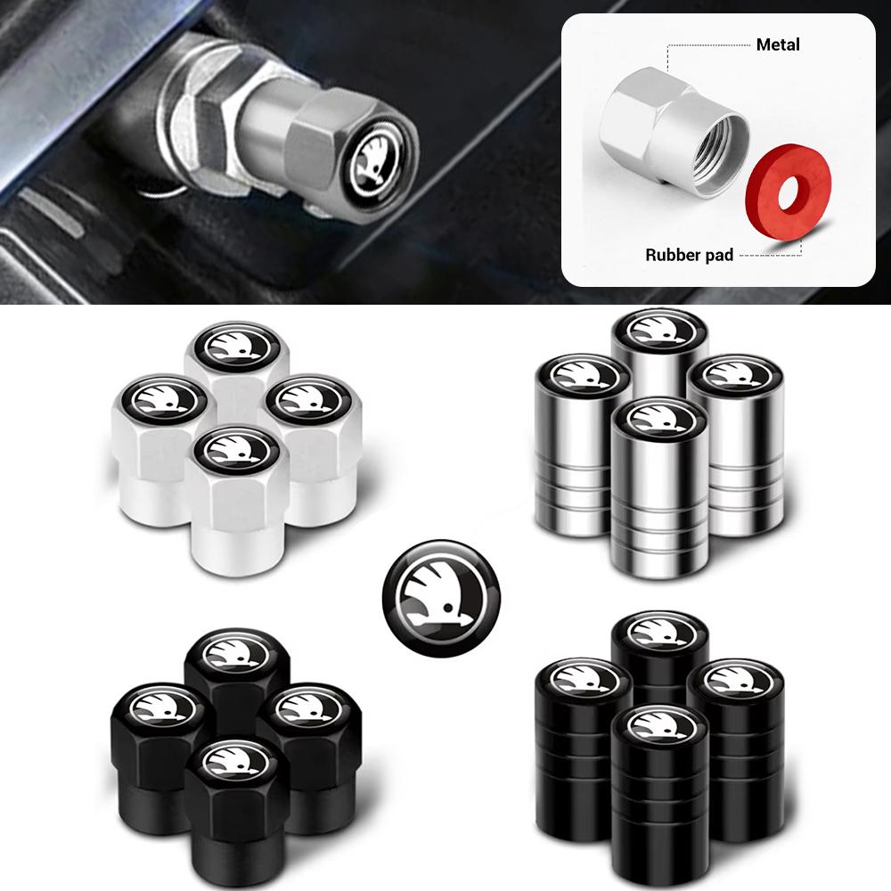 XOWS7 4pcs Aluminum Alloy Car Tire Valve Caps for Skoda Octavia Kodiaq Kamiq Fabia RS Rapid Yeti Karoq Vision Auto Parts Tools