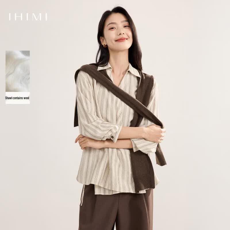 IHIMI Women s Striped V-Neck Shawl-Style Viscose Blouse XL