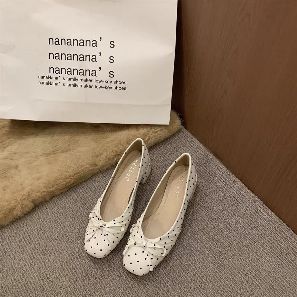 French polka dot bow thick heel single shoes women's summer new light mouth square head small leather shoes