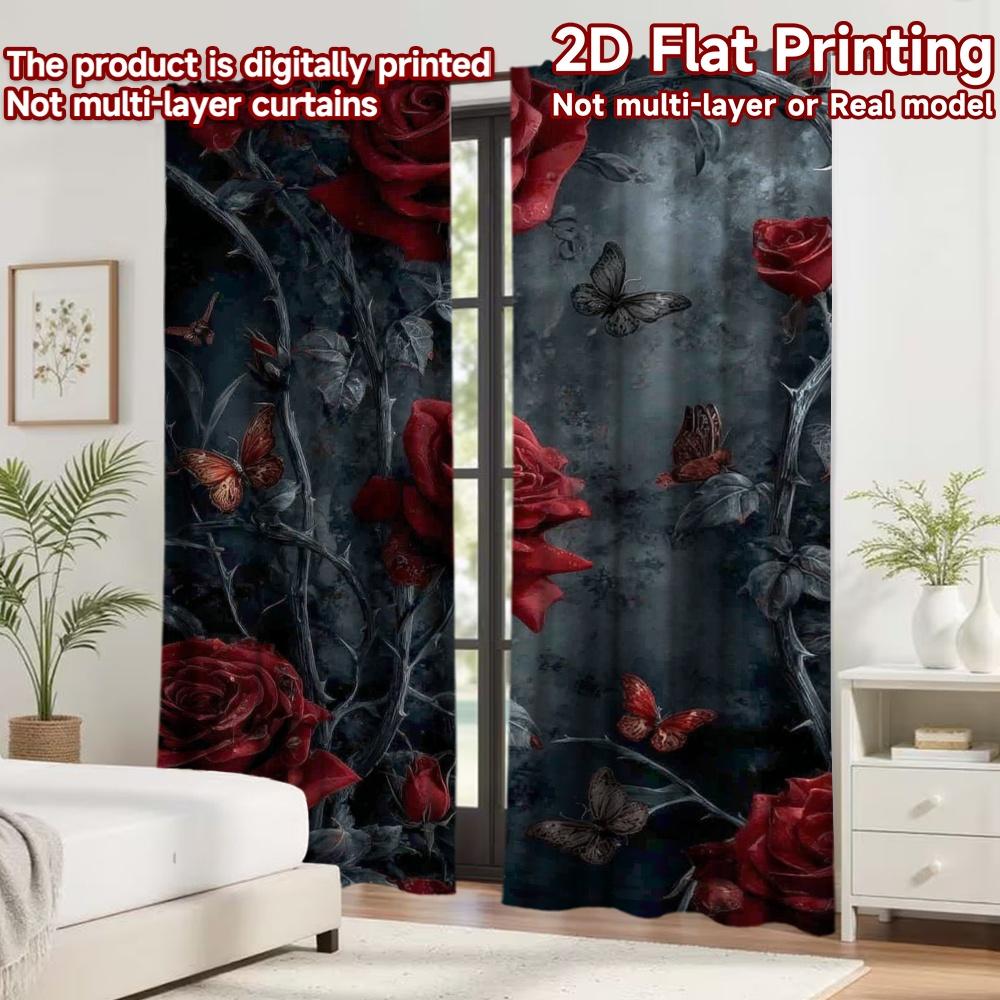 2D Flat Printing 2pcs Curtain Curtain Romantic Red Roses and Butterflies Digital Printed Polyester Drapes Seasonal Party &