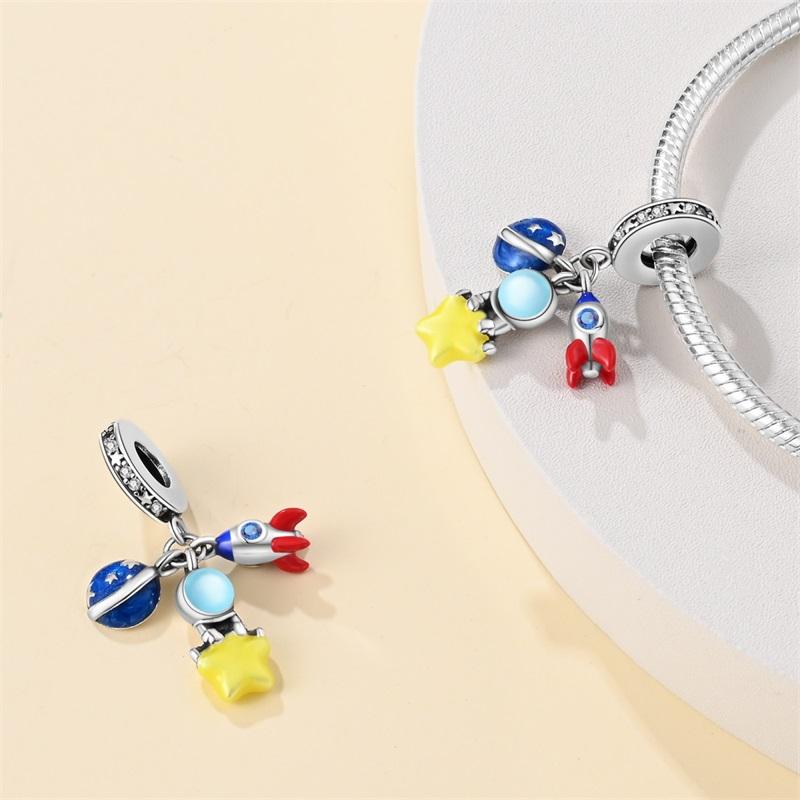 New S925 Silver Color Astronaut Spaceship Space Series Charms Beads Fit  S925 Original Bracelets DIY Anniversary Jewelry