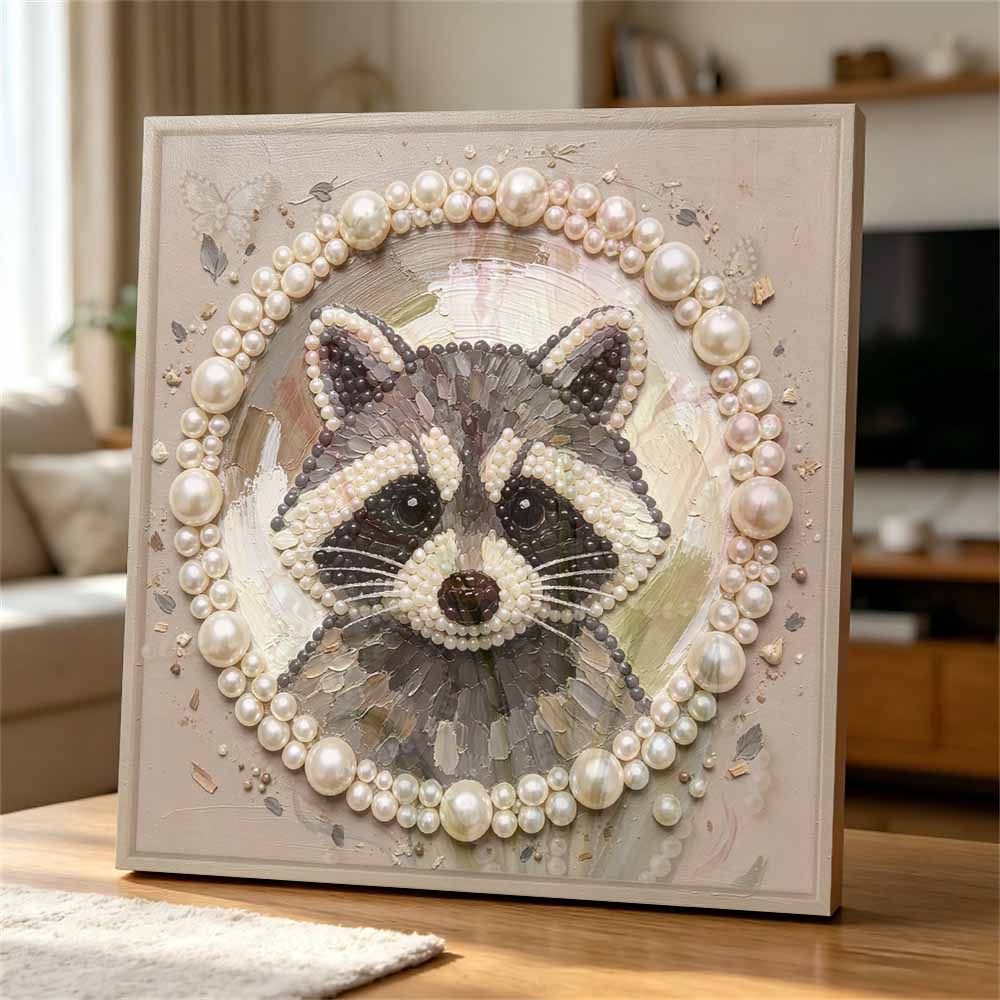 Adorable Raccoon Portrait Framed Pearl Painting Kit DIY 3D Sparkling Bead Canvas Art Relaxing Handmade Craft Gift for Women