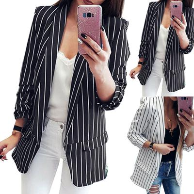 Fashion Autumn Women Stripe Lapel Long Sleeve Slim Fit Blazer Suit Jacket Coat