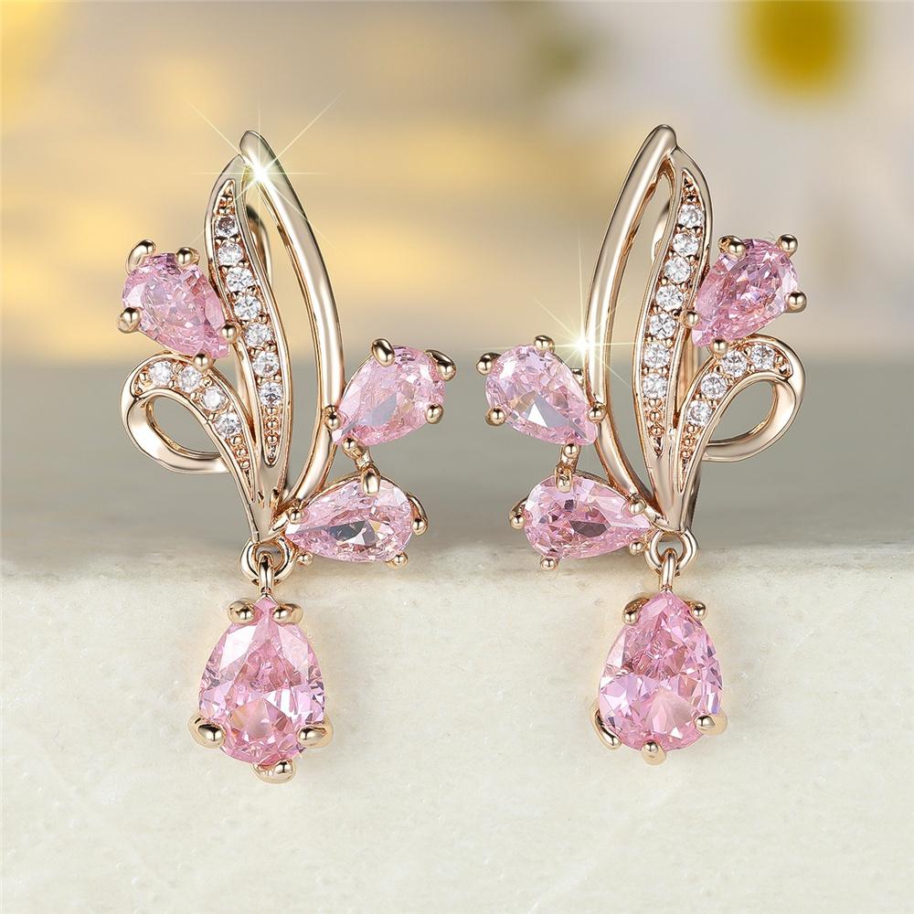 Cute Female White Pink Red Zircon Stone Hoop Earrings Luxury Gold Color Wedding Jewelry For Women